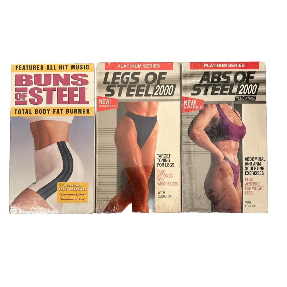 3 Vintage Sealed VHS Workout Tapes-Leisa Hart Legs And Abs of Steel, Buns Of Ste